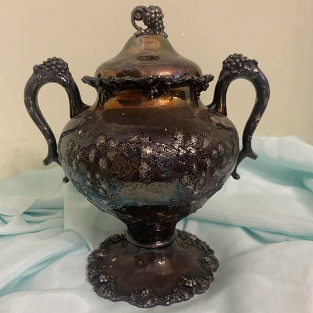 Barbour. Tarnished Silver Plate Sugar Bowl w Lid. $109. 7.7" High. A2
